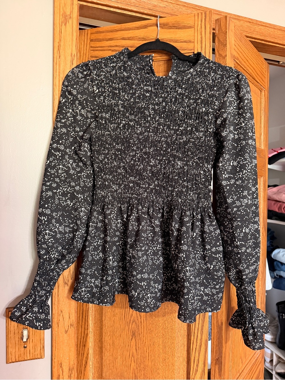 Smocked Long-Sleeve Peplum Top - Black Floral